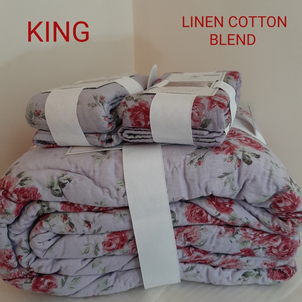 Shabby Chic KING linen cotton blanket & STANDARD shams purple berry rose